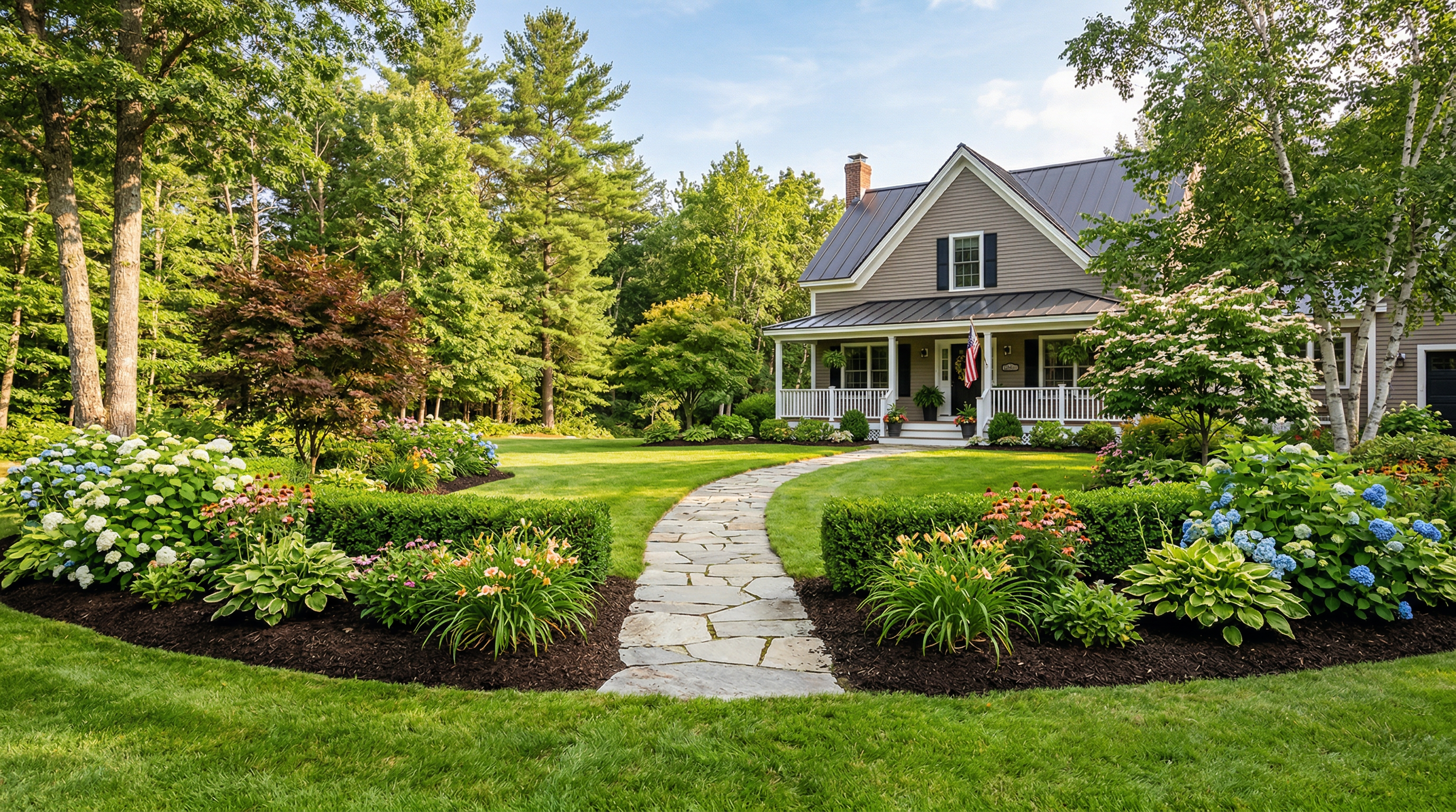 Beautifully landscaped New England property with lush gardens and stone pathway